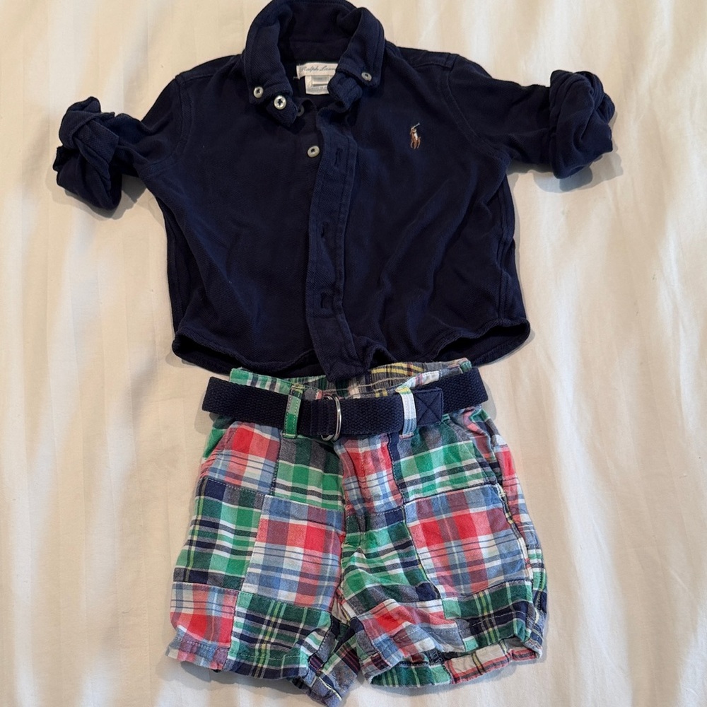 9 month size Ralph Lauren Navy Button Down Baby Shirt and multi colored shorts